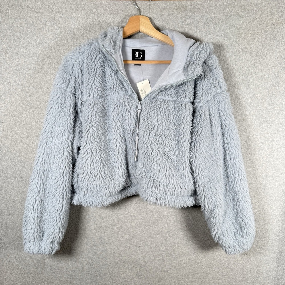 BDG cropped sherpa jacket womens medium baby blue full zip urban outfitters